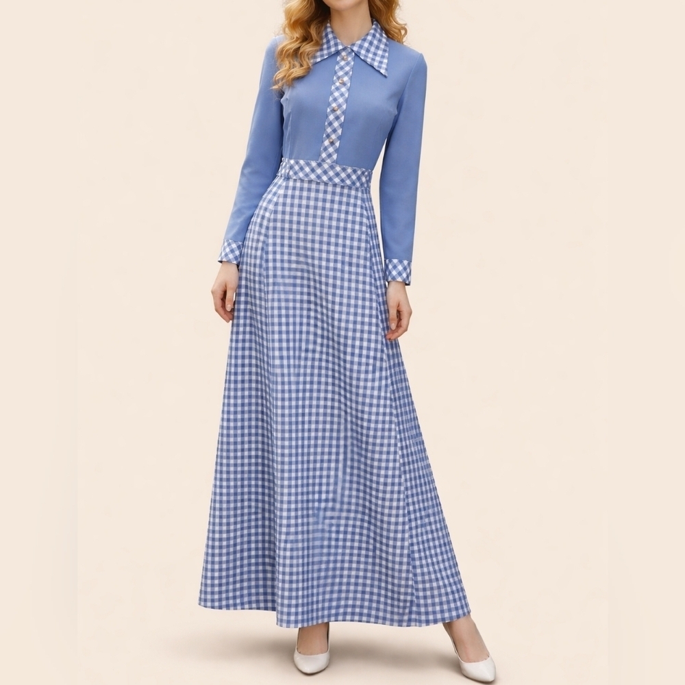 VTG JENNIFER GEE 1970s Icy Blue and White Gingham Long Sleeve Maxi Dress